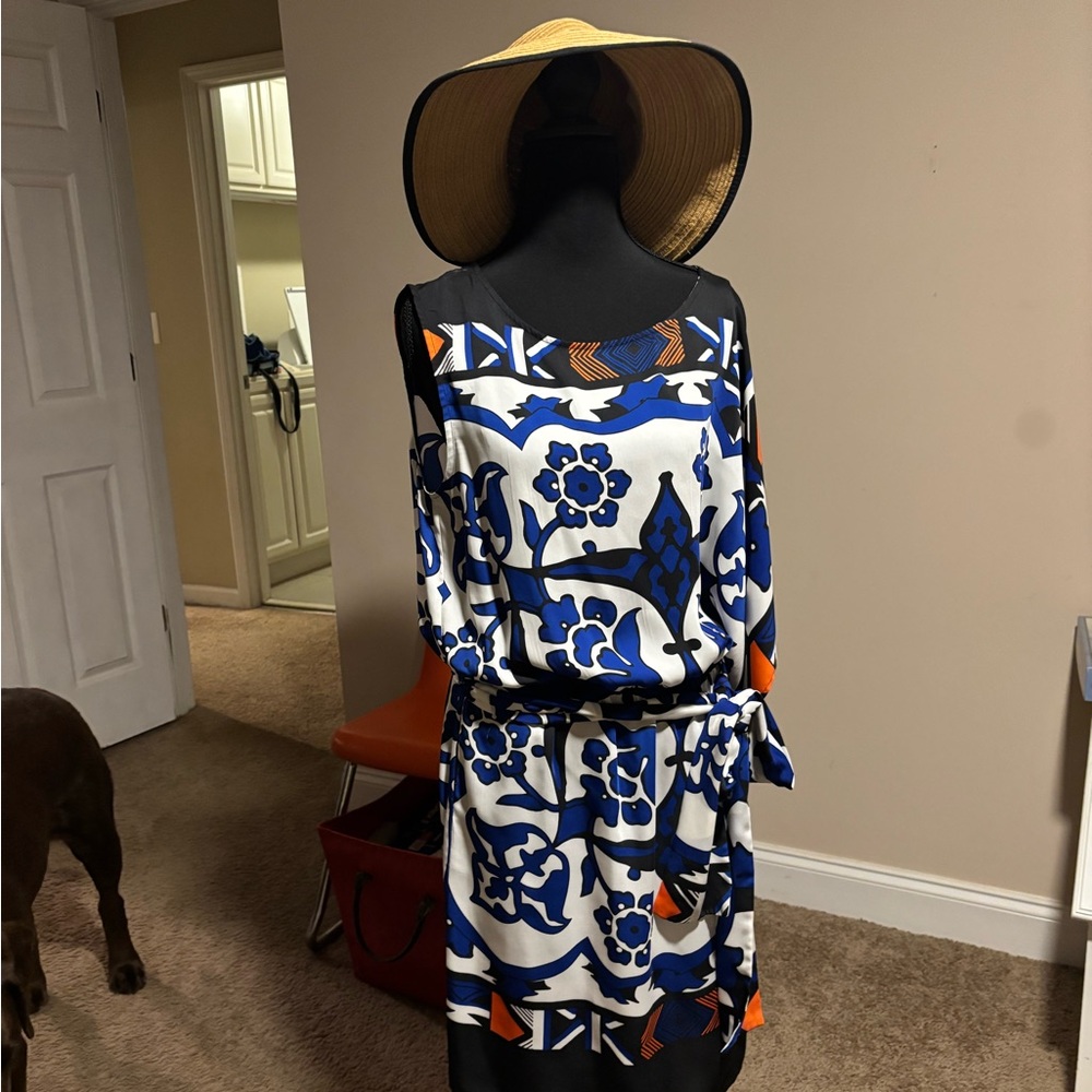 Boston Proper Blue and Orange Floral Midi Dress